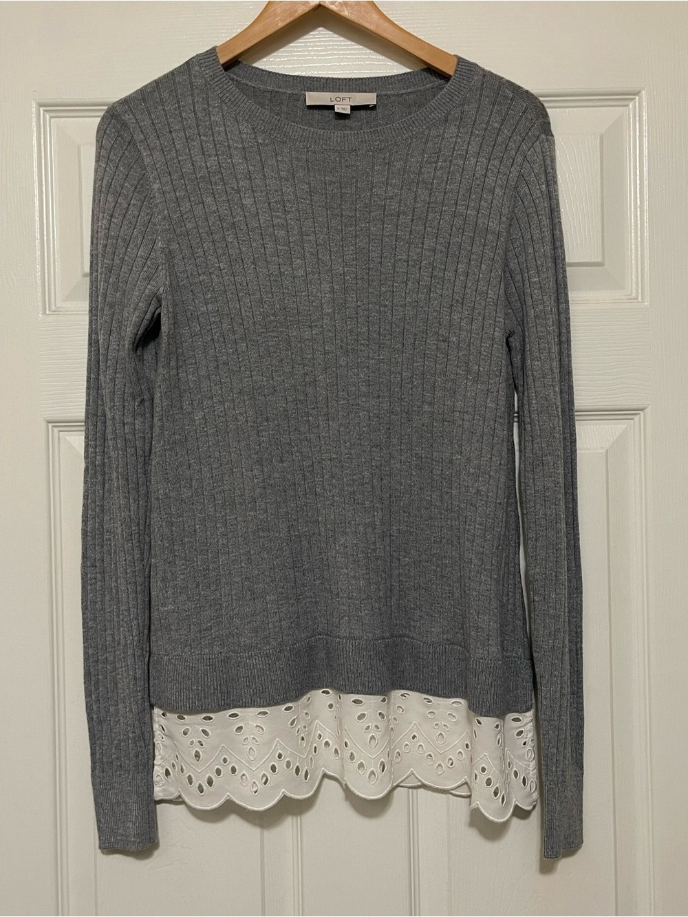 LOFT Gray Ribbed Crewneck Sweater with Eyelet Hem